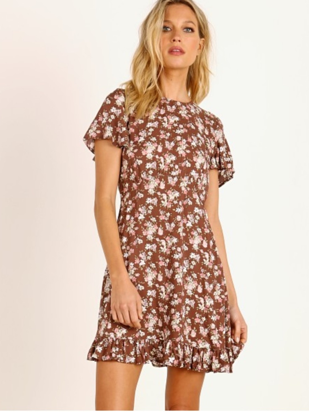 Auguste The Label Brown Floral Ruffle Mini Dress NWOT